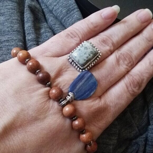Blue Kyanite + Hematite + Wood ~ Beaded Stretch Bracelet ~ 6-6.5" Wrist ~ Unisex - Picture 2 of 8